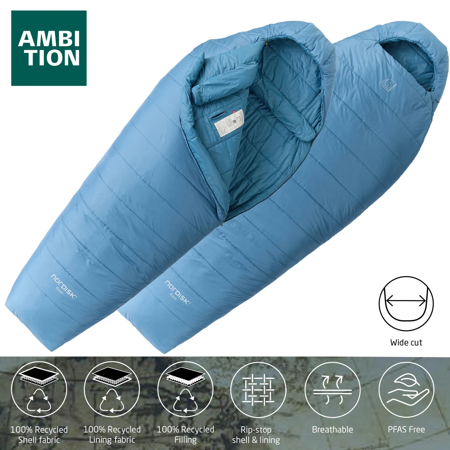 Спальний мішок Nordisk Bjarni 0°C Wide L 220х80 см Поліестер Aegan Blue