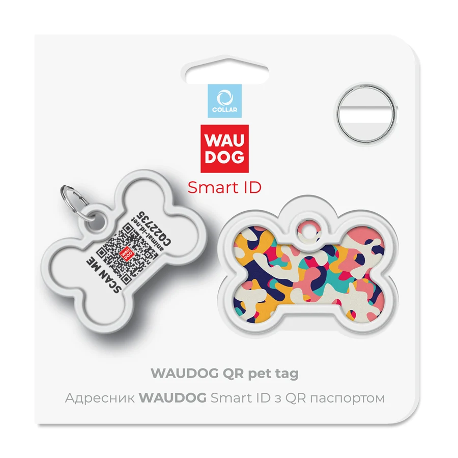 Адресник для собак і котів WAUDOG Smart ID QR паспорт металевий 40x28 мм різнокольоровий кісточка