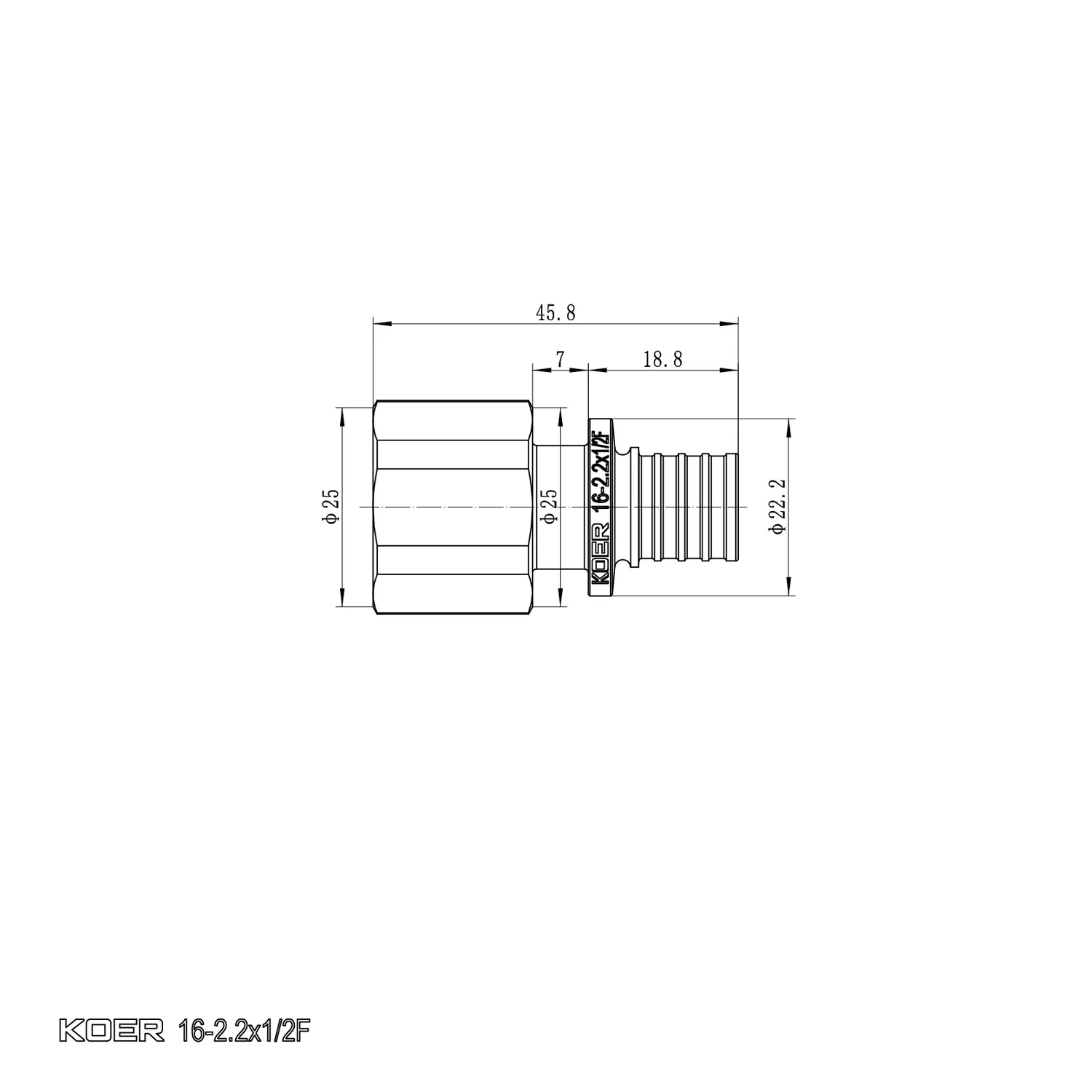 Перехідник Ніпель Koer KA.A06F-16 16(2.2mm) x 1/2"F Латунь
