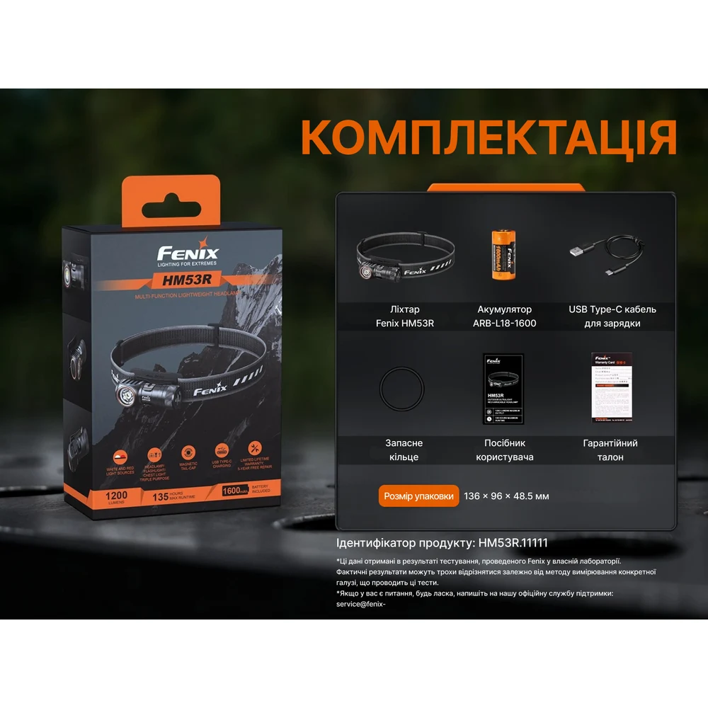 Налобний ліхтар Fenix HM53R 1200 лм авіаційний алюміній 71x37x36 мм чорний