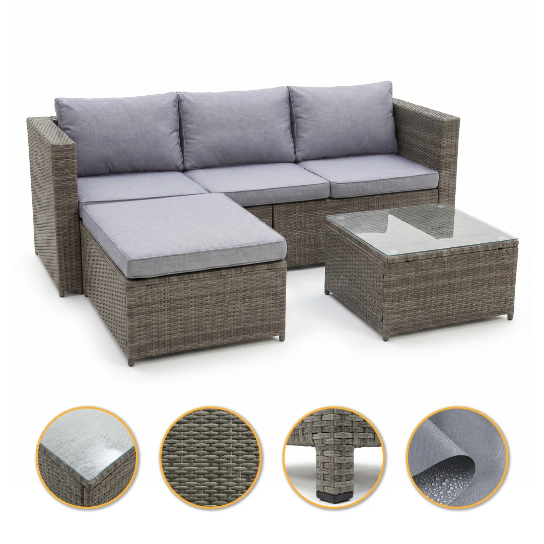 Комплект садової меблі Lounge Set 3-в-1 чорний оцинкована сталь ротанг 196х68х62 см