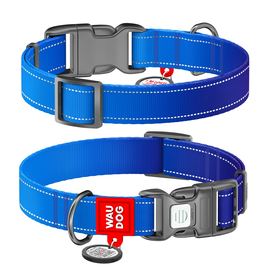 Нашийник WAUDOG Nylon Mono S 15 мм 25-35 см нейлоновий світловідбивний синій з QR паспортом