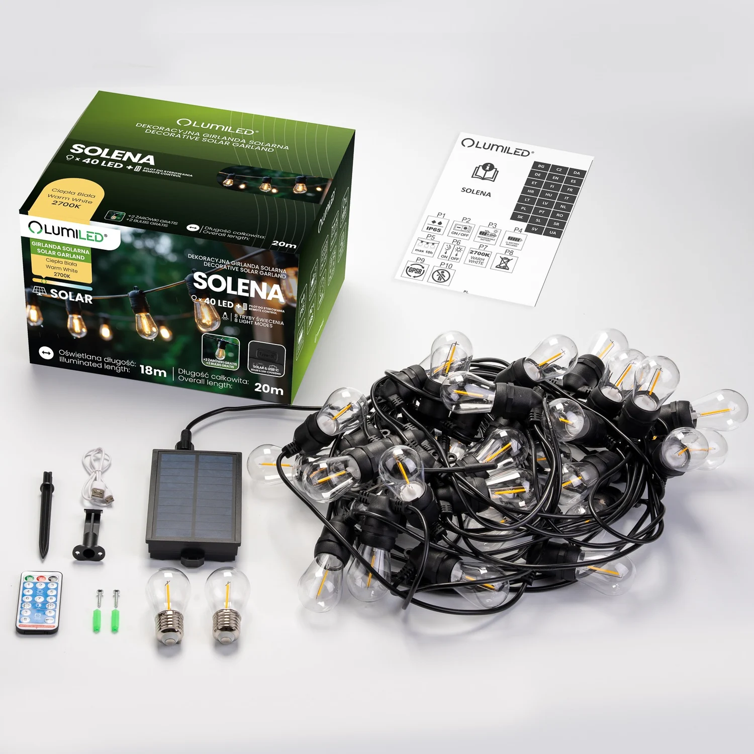 Сонячна LED гірлянда Lumiled SOLENA 20 м 40 ламп E27 USB-C тепле світло 2700K IP65