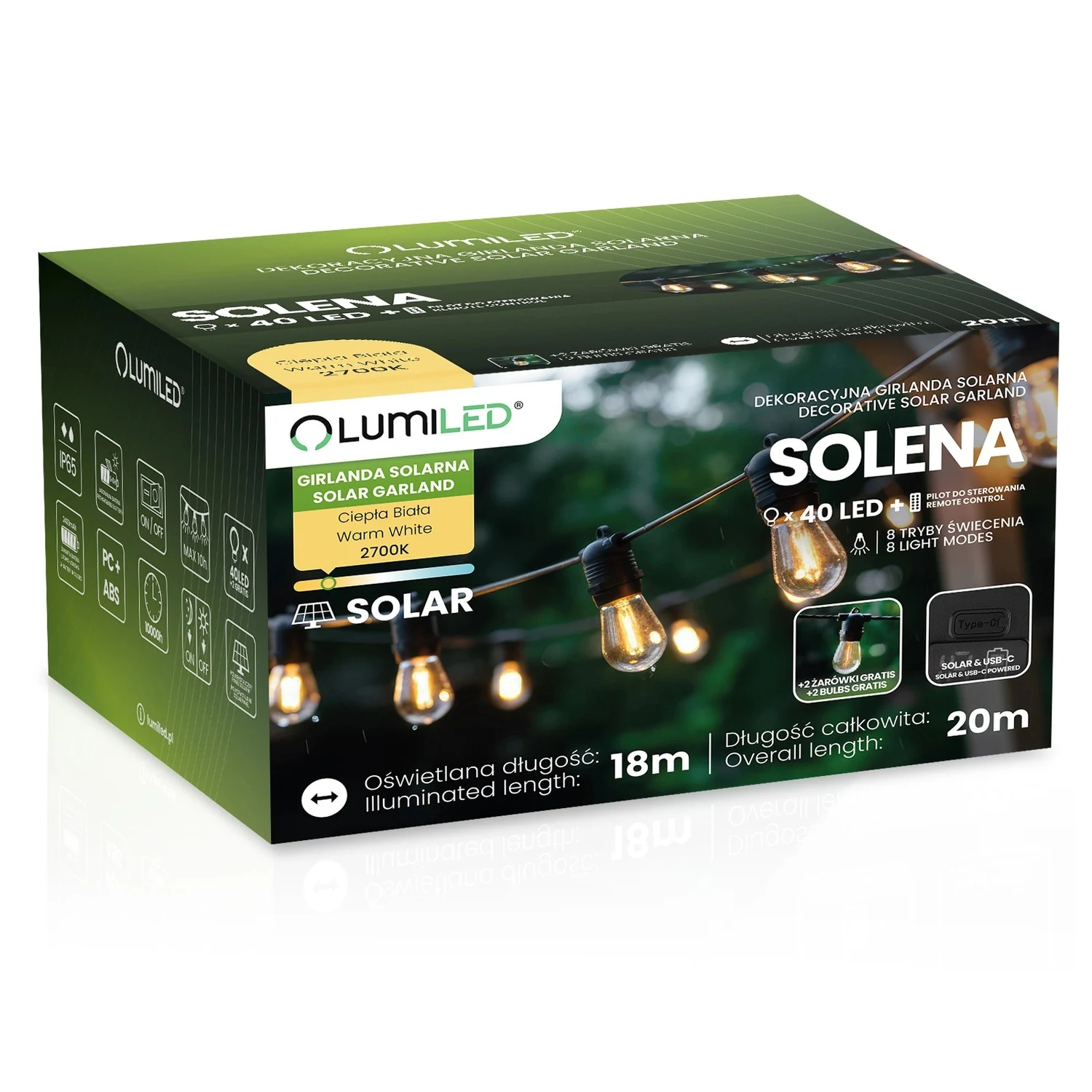 Сонячна LED гірлянда Lumiled SOLENA 20 м 40 ламп E27 USB-C тепле світло 2700K IP65