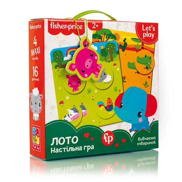 Настільна гра Лото Звірята 16 фішок картон 4 гральні поля для дітей 2-4 роки