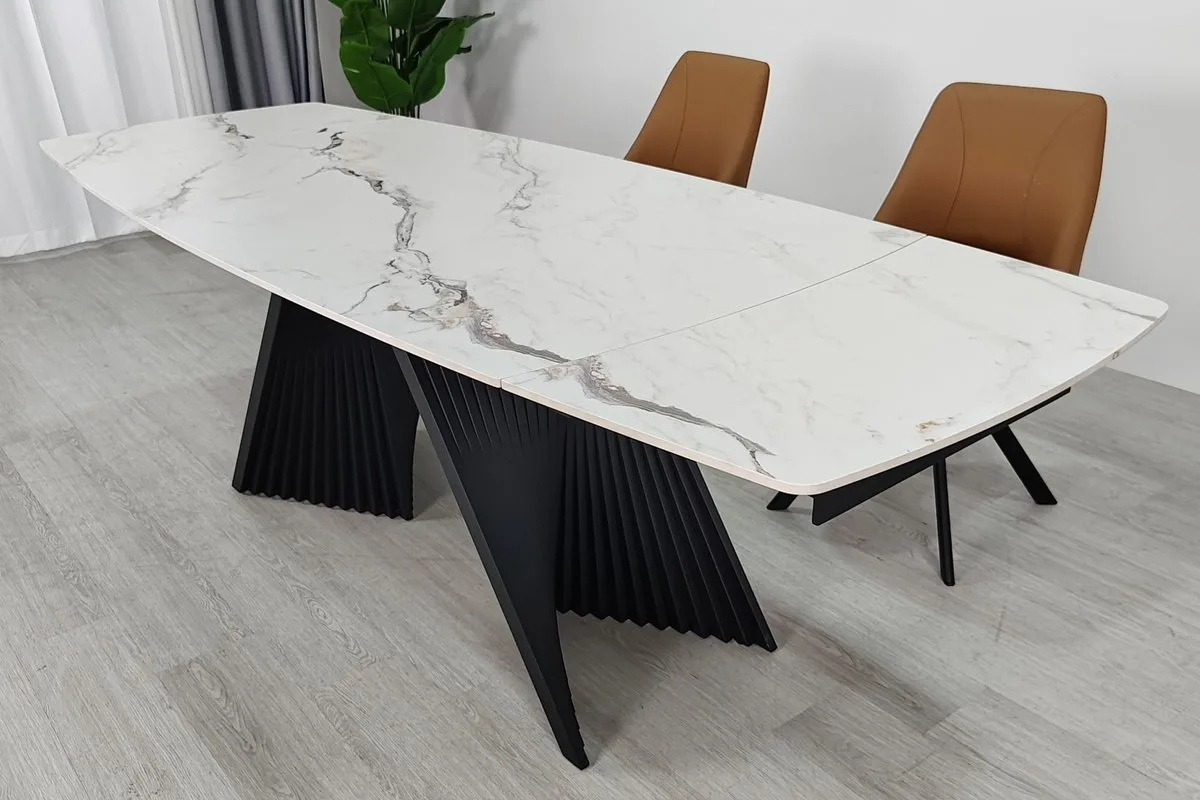 Стіл обідній розкладний EDMUND CERAMIC 160(240)x90 см кераміка білий мат/залізо чорний