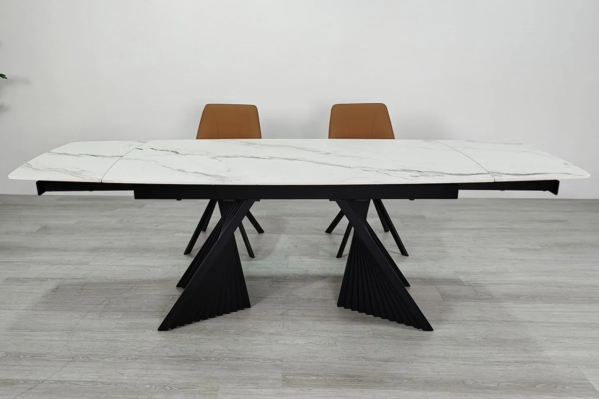 Стіл обідній розкладний EDMUND CERAMIC 160(240)x90 см кераміка білий мат/залізо чорний