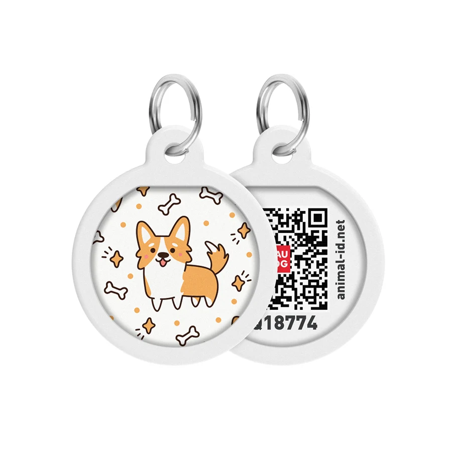 Адресник для собак та котів WAUDOG Smart ID з QR паспортом металічний Д 25 мм малюнок "Коргі"