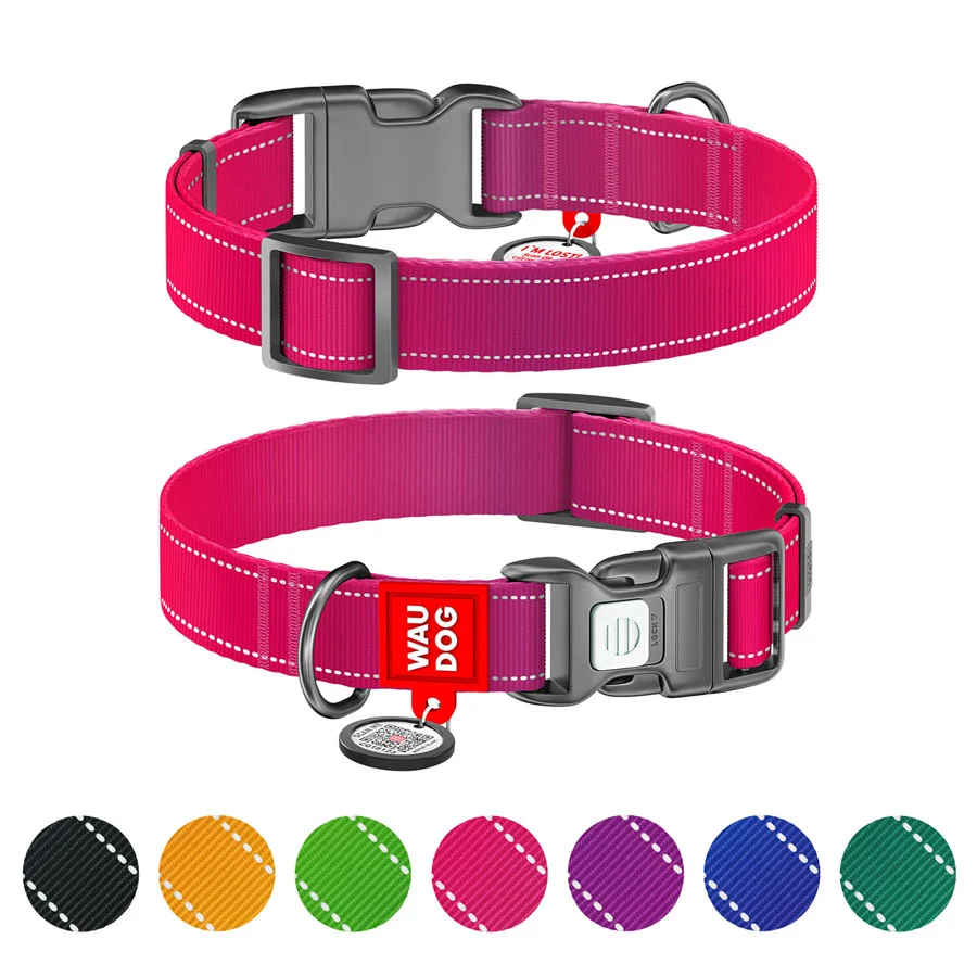 Нашийник WAUDOG Nylon Mono S 15 мм нейлоновий рожевий з QR паспортом і світловідбивними елементами 25-35 см