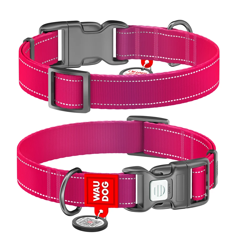 Нашийник WAUDOG Nylon Mono S 15 мм нейлоновий рожевий з QR паспортом і світловідбивними елементами 25-35 см