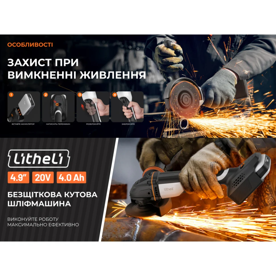 Акумуляторна кутова шліфмашина Litheli U20 20 В 125 мм безщіткова 1,4 кг
