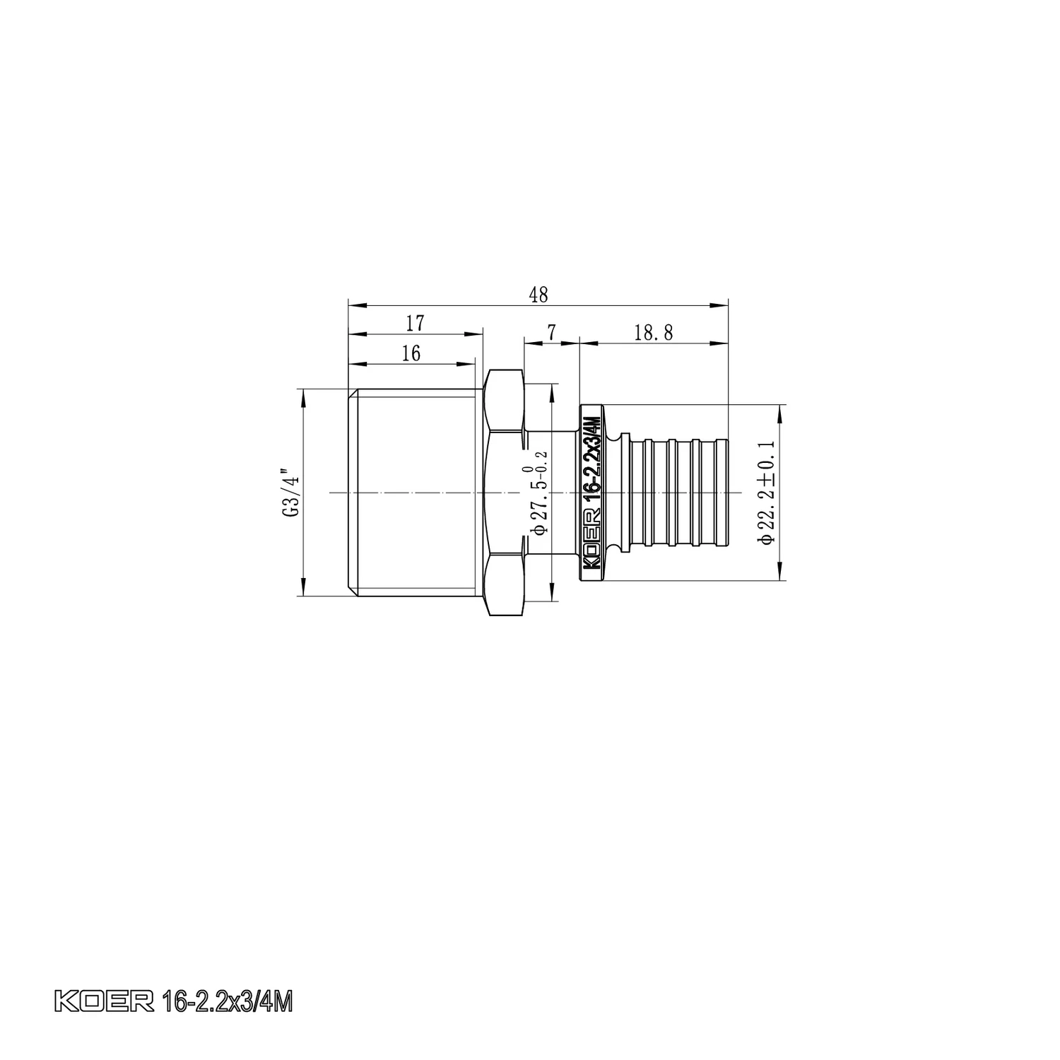 Перехідник Муфта нарізна Koer KA.A08M-16 16(2.2mm) x 3/4" Латунь