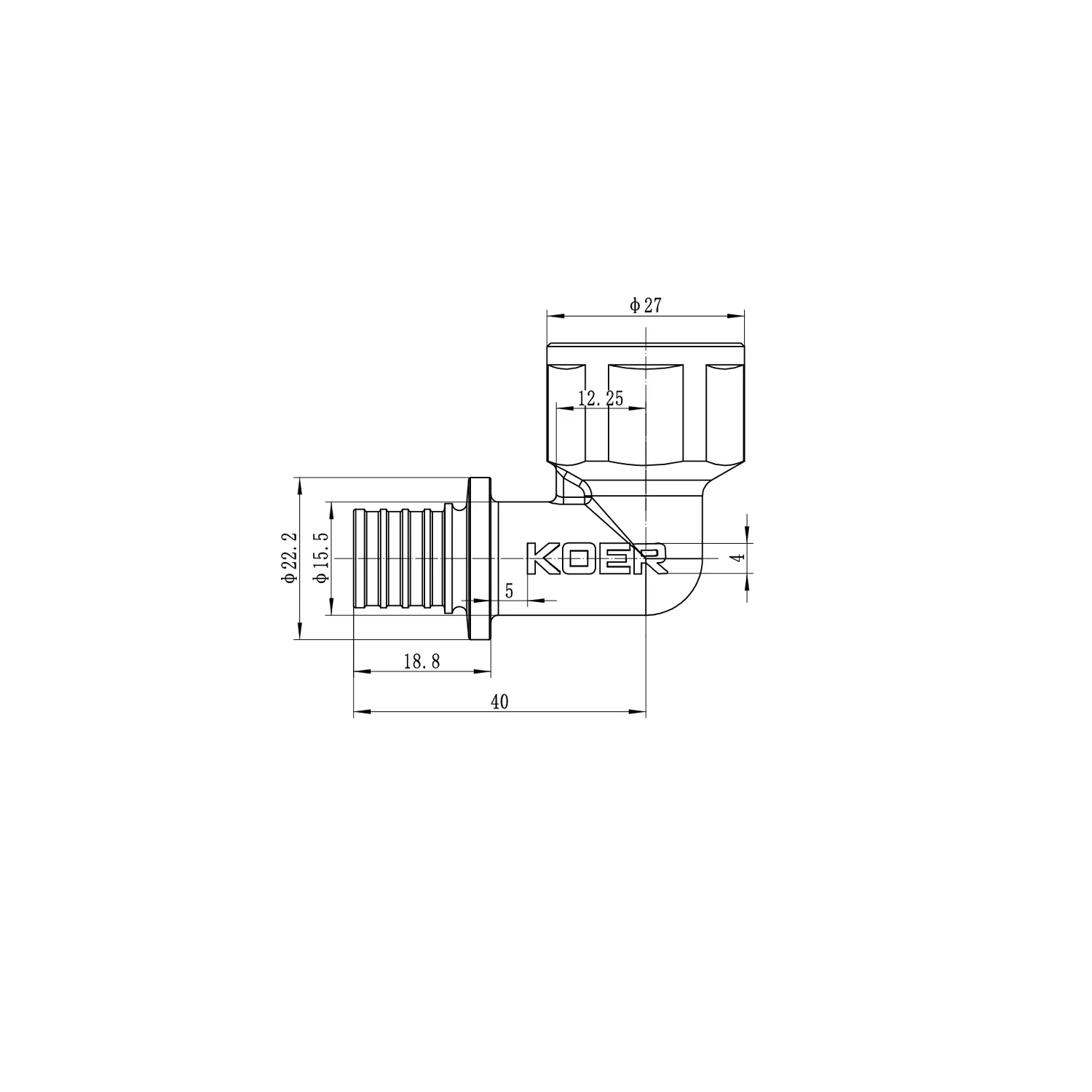 Кутник перехідний 16(2.2mm) x 1/2"F латунь Koer KA.L06F-16