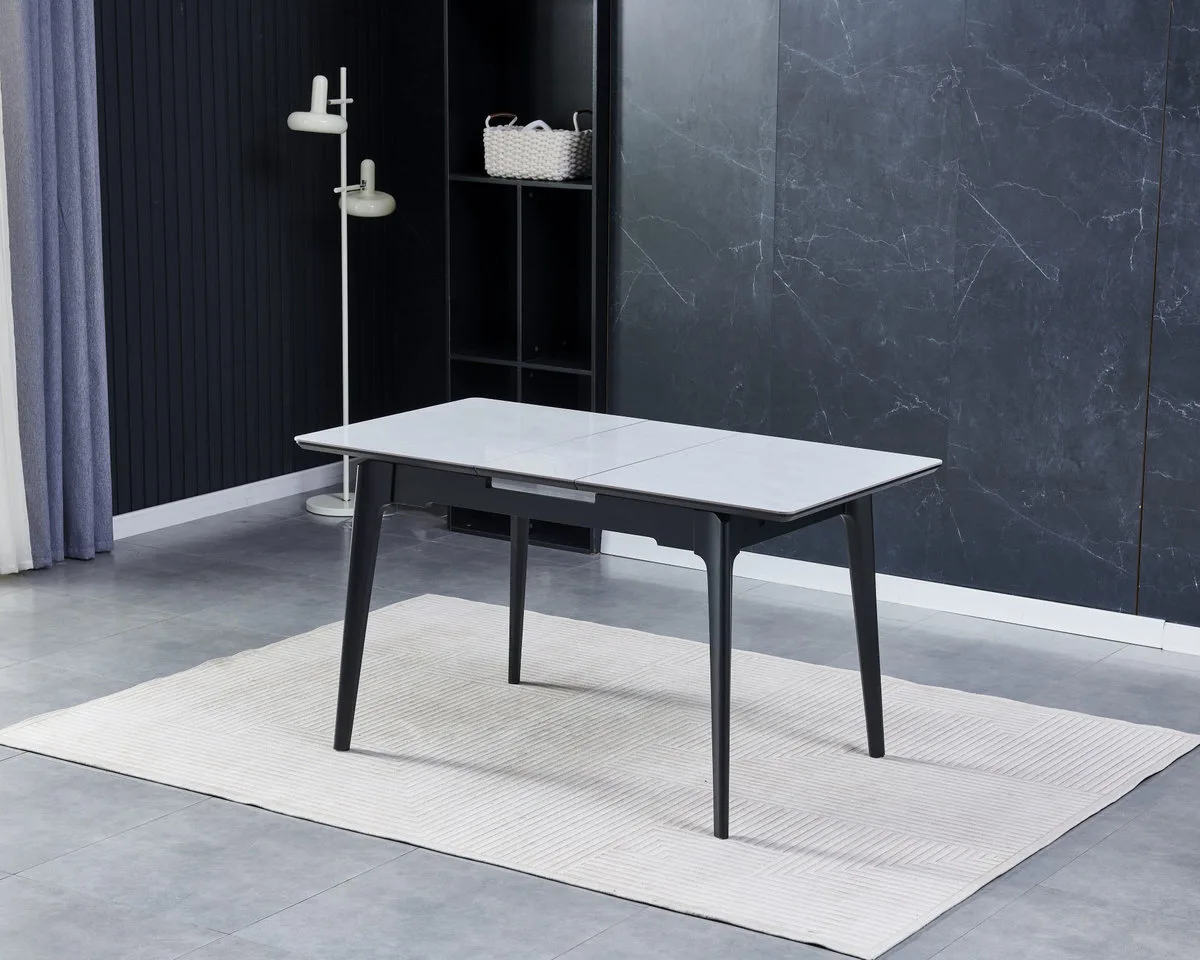 Стіл обідній BERLIN CERAMIC 111(140)x75 см МДФ + кераміка сірий глянець чорний каркас