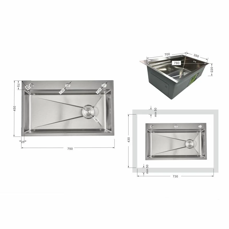 Мийка кухонна інтегрована Lidz Handmade H7545 3,0/1,0 мм нержавіюча сталь Brushed Steel 78х45 см