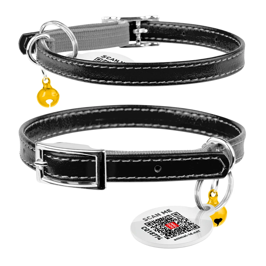 Нашийник WAUCAT Glamour шкіряний XXS 9 мм чорний з QR паспортом 17-20 см