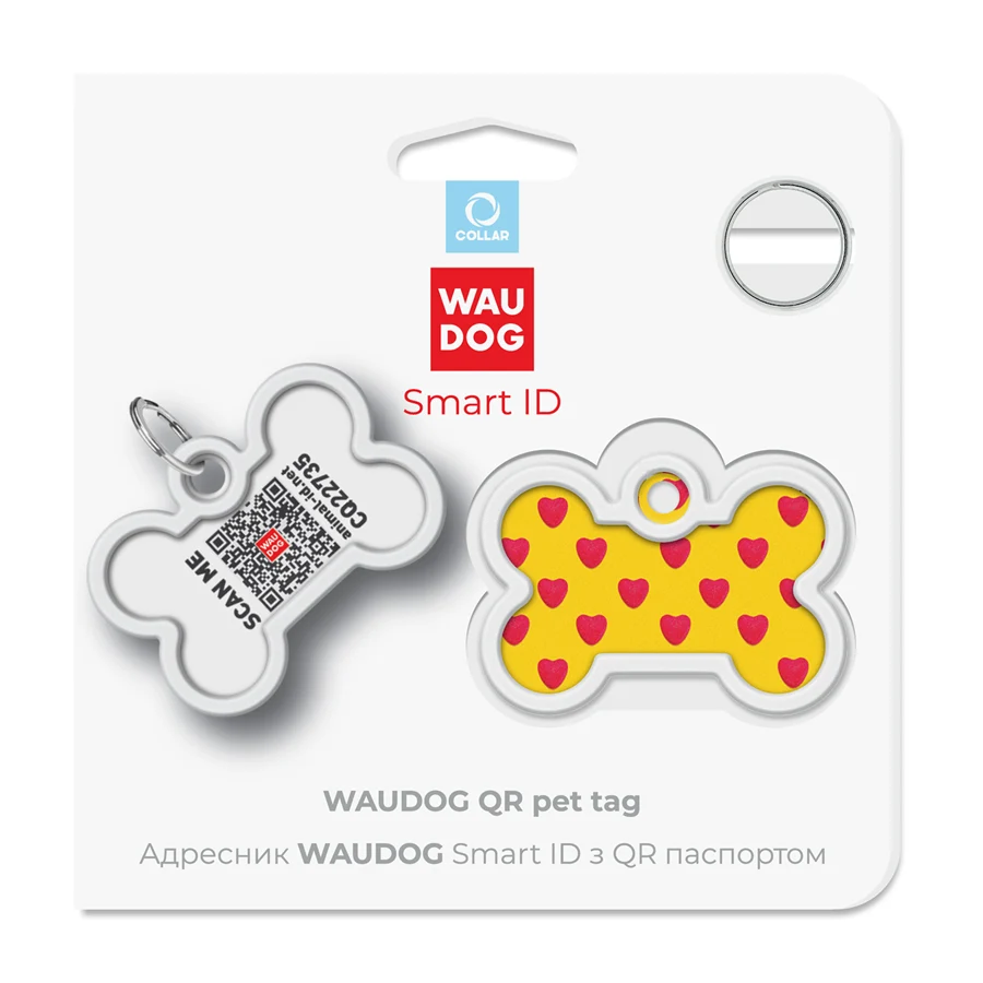 Адресник для собак і котів WAUDOG Smart ID з QR паспортом металевий 40x28 мм Серця