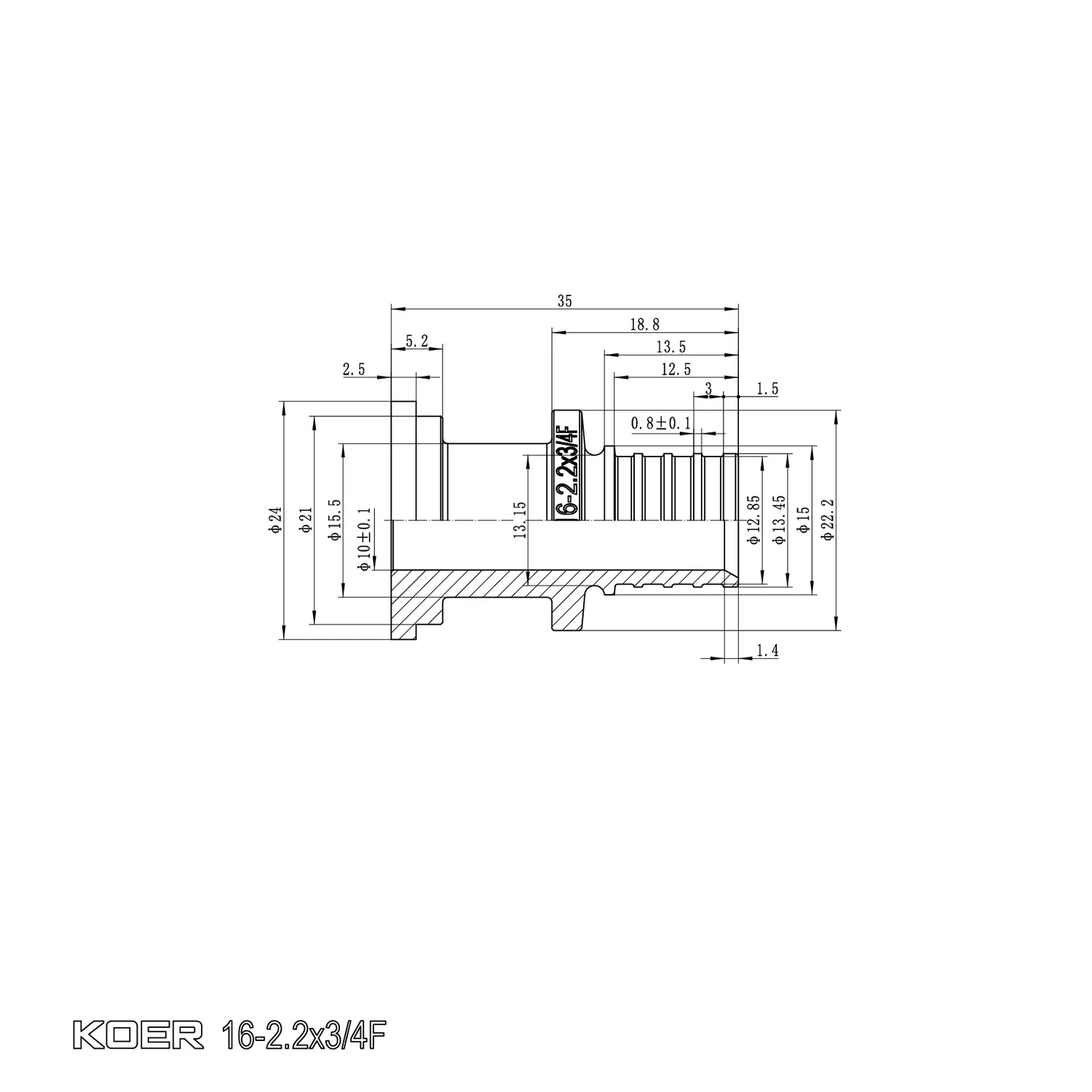 Перехідник з накидною гайкою Koer KA.A08F-16S 16(2.2mm) x 3/4"F латунь