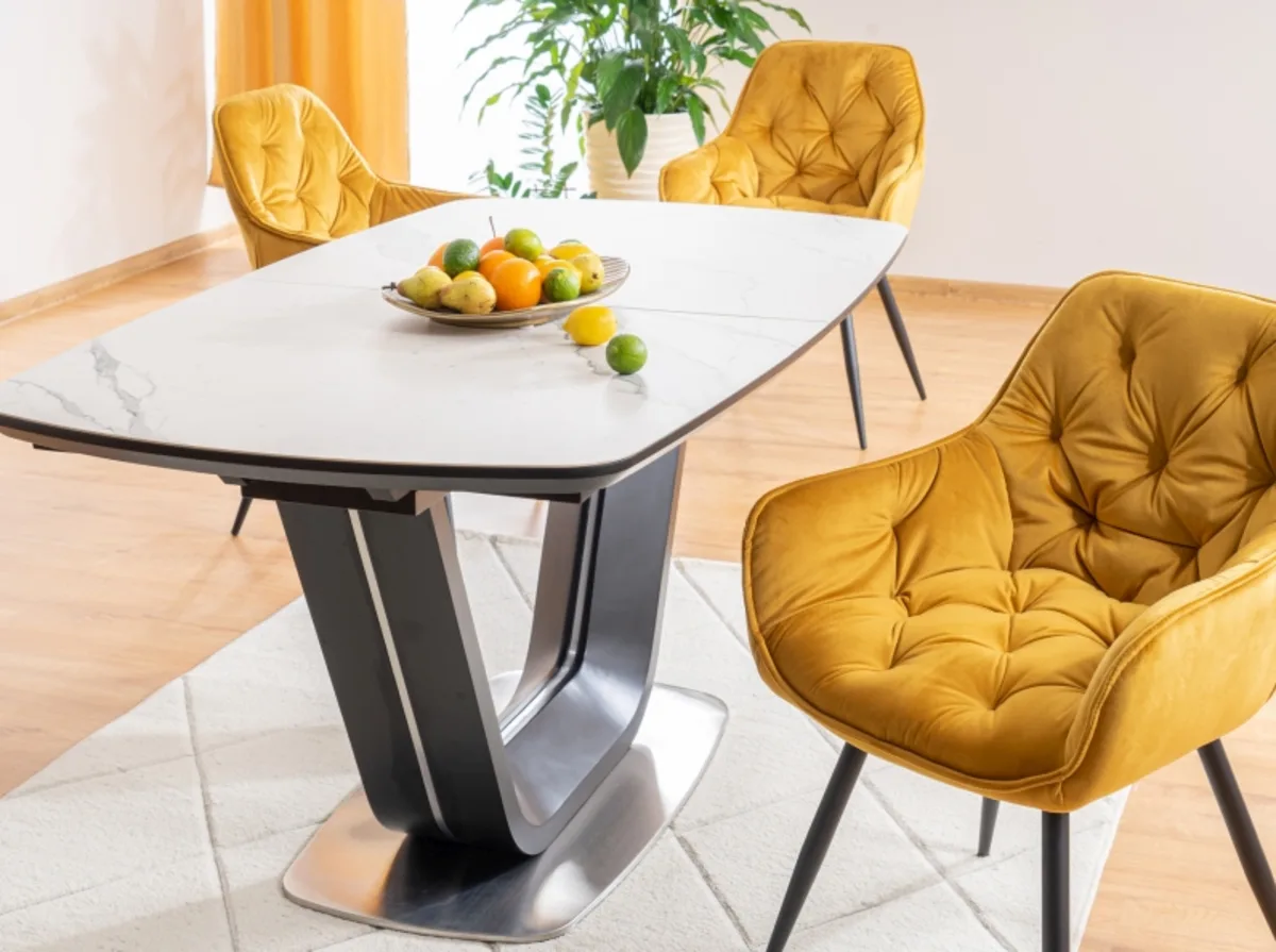 Стіл розкладний ARMANI CERAMIC 160-220x90 см МДФ + кераміка білий ефект мармуру чорний мат