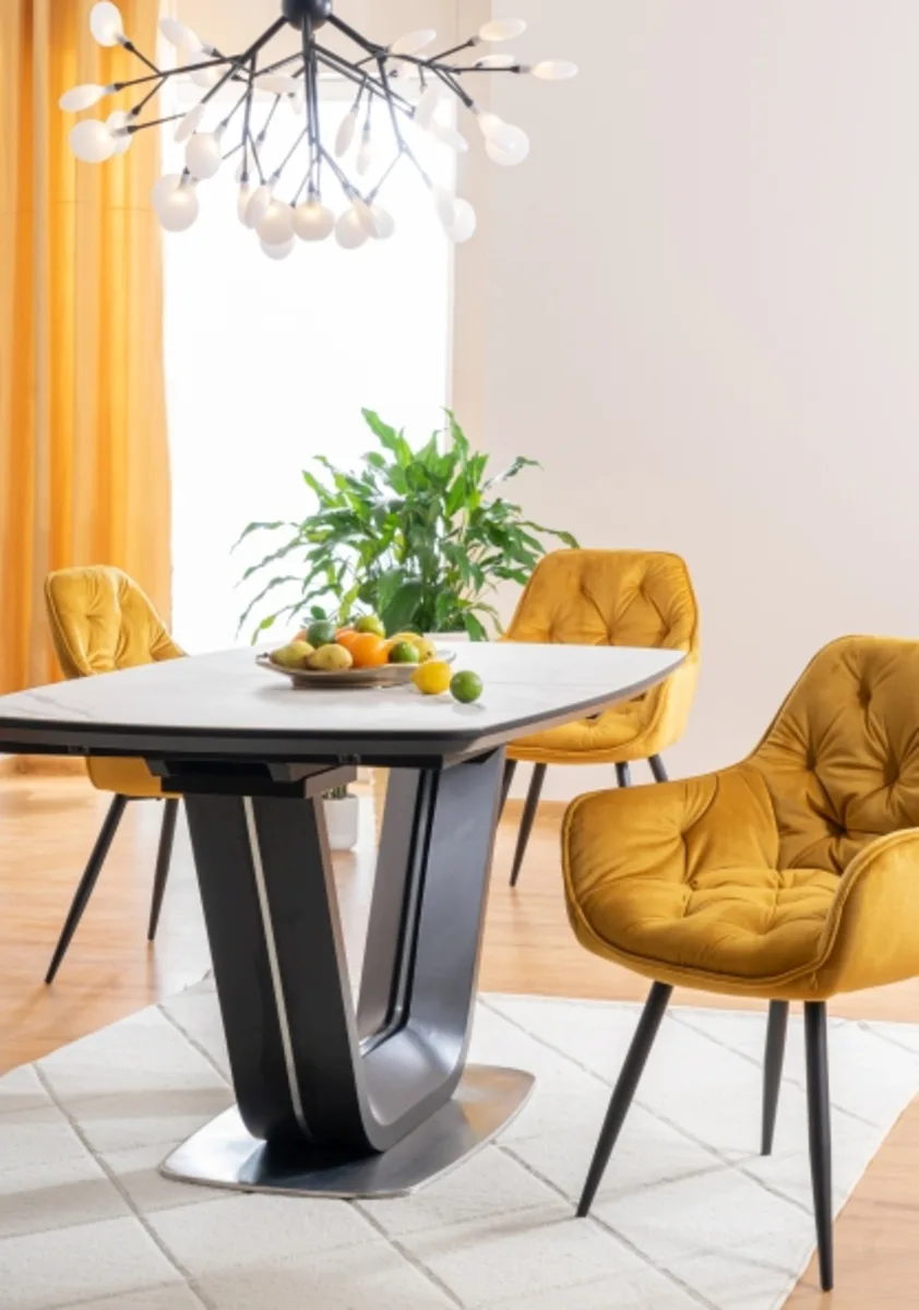 Стіл розкладний ARMANI CERAMIC 160-220x90 см МДФ + кераміка білий ефект мармуру чорний мат
