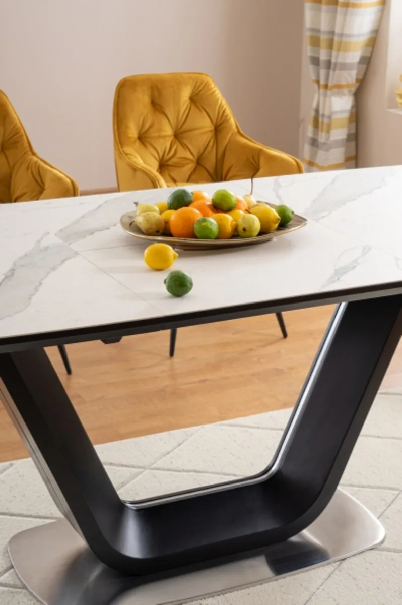 Стіл розкладний ARMANI CERAMIC 160-220x90 см МДФ + кераміка білий ефект мармуру чорний мат