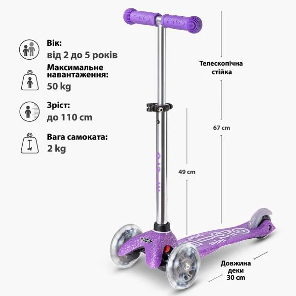 Триколісний самокат Mini Deluxe Fairy Glitter LED 30х11х6 см поліуретан фіолетовий