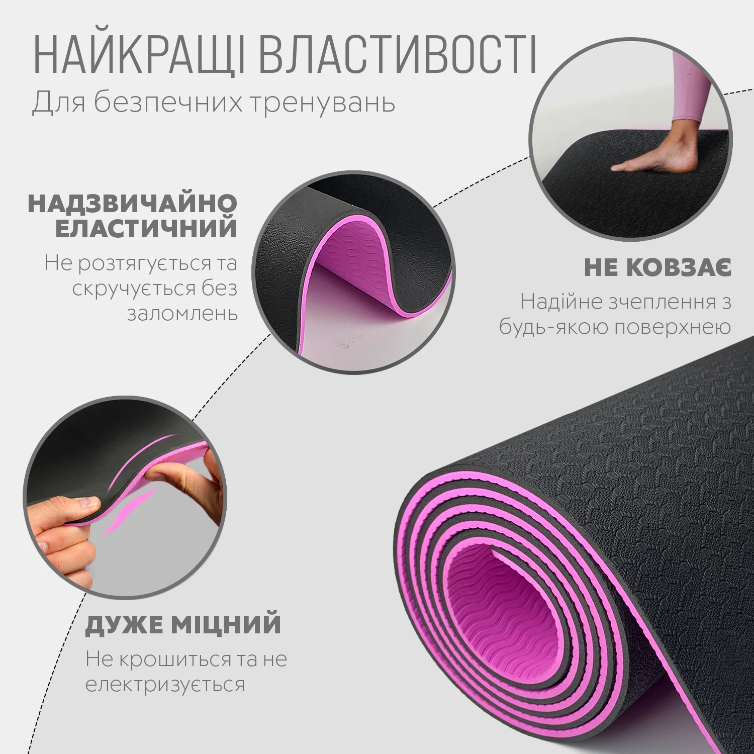 Коврик для йоги та фітнесу 6 мм TPE+TC чорний-фіолетовий