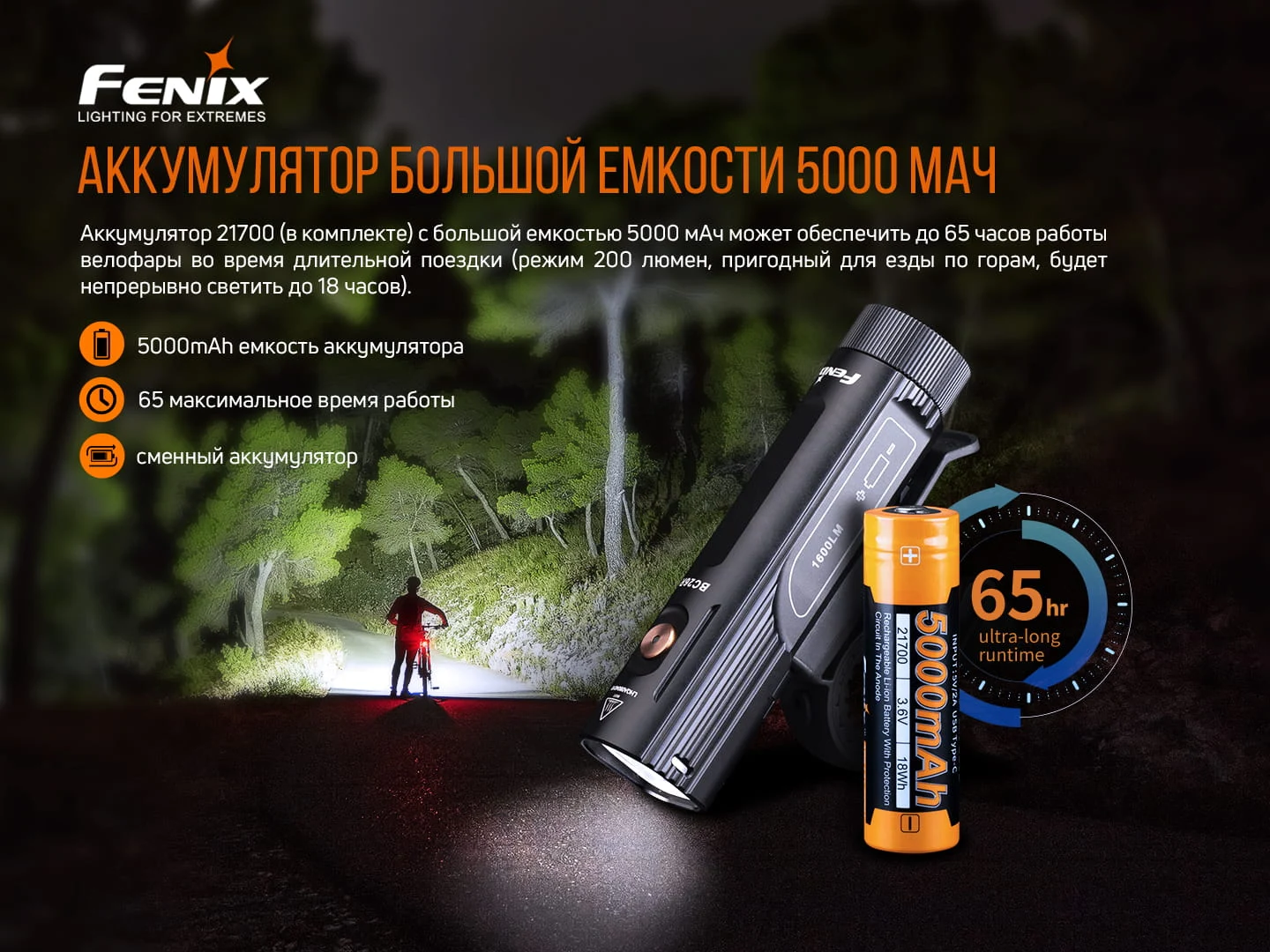Велофара Fenix BC26R 1600 лм авіаційний алюміній 113х27 мм чорна