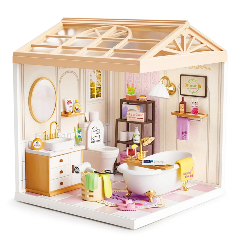 Конструктор-румбокс Ванна кімната Mini House 8009-MH з вбудованим освітленням пластик 16,5х16,5х19,5 см прозорий