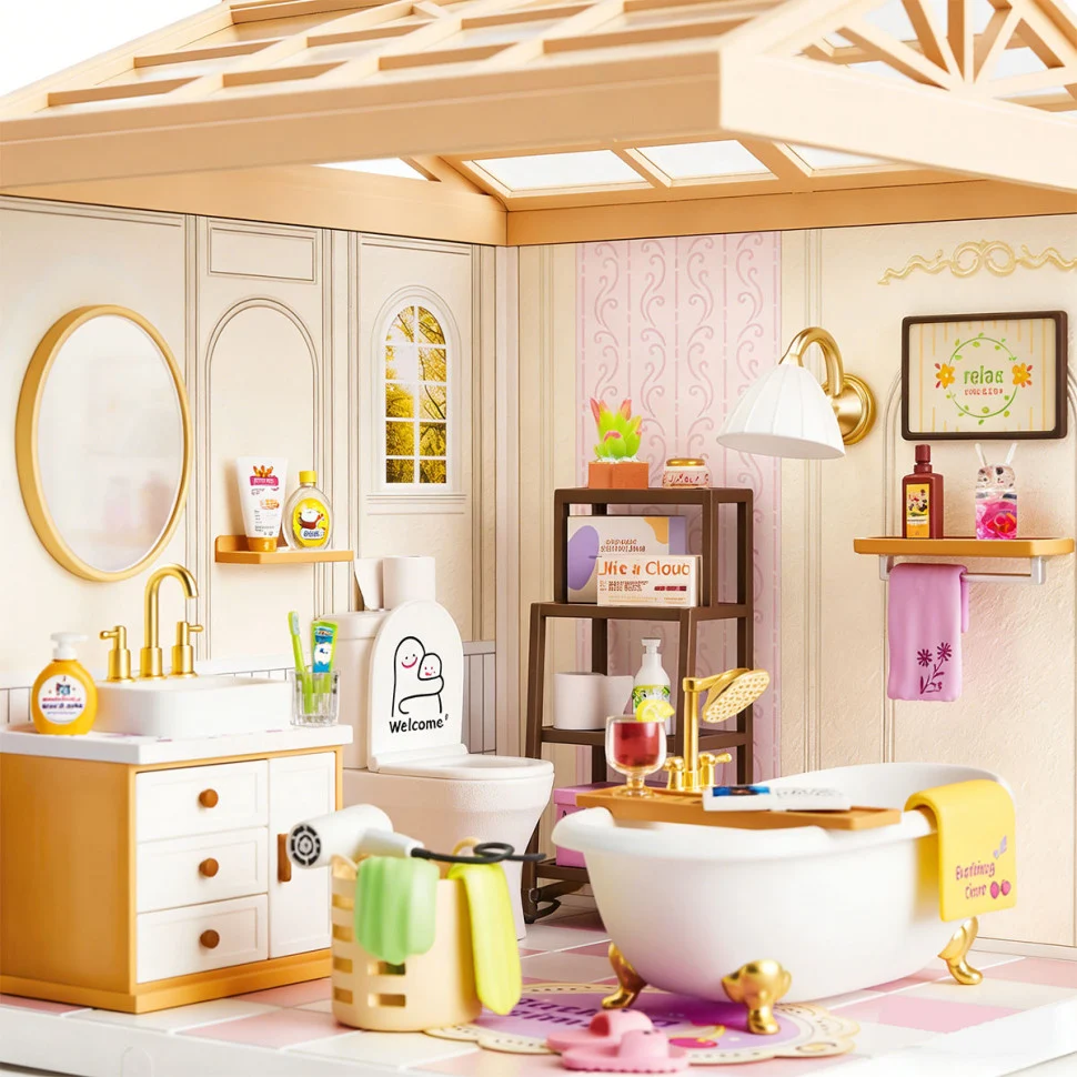 Конструктор-румбокс Ванна кімната Mini House 8009-MH з вбудованим освітленням пластик 16,5х16,5х19,5 см прозорий