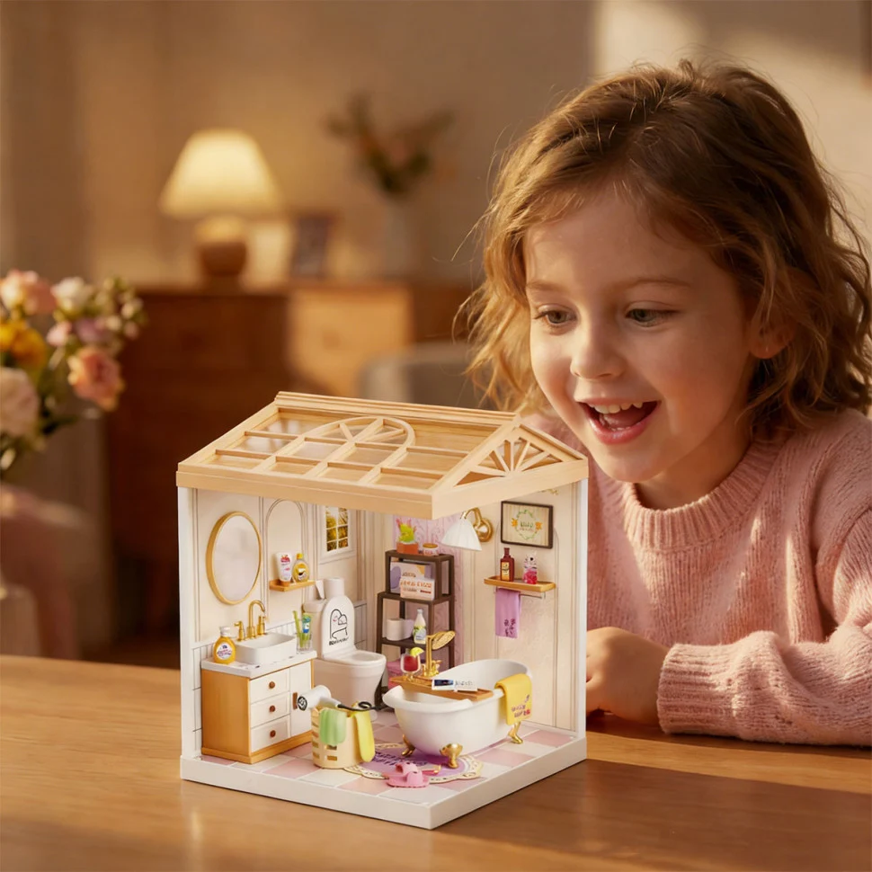 Конструктор-румбокс Ванна кімната Mini House 8009-MH з вбудованим освітленням пластик 16,5х16,5х19,5 см прозорий