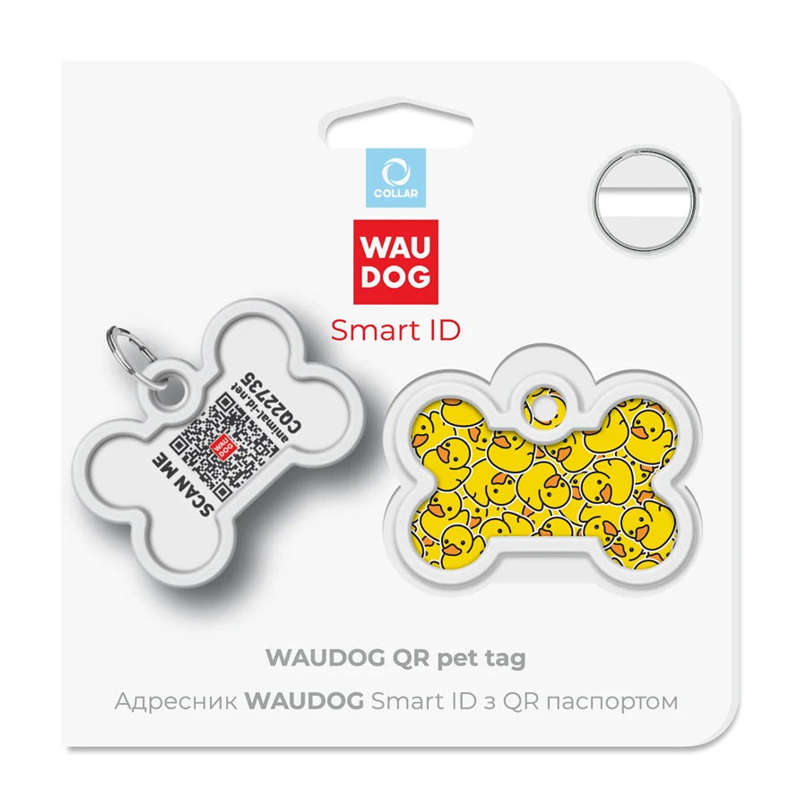 Адресник для собак і котів WAUDOG Smart ID QR паспорт кістка металевий Д 40 мм Ш 28 мм малюнок "Качки"