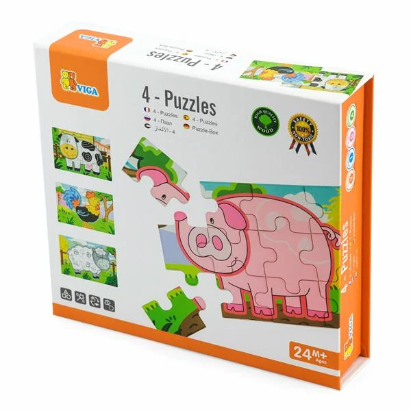 Дерев'яний пазл 4 в 1 Viga Toys Ферма 48 ел. Дерево 30х30 см