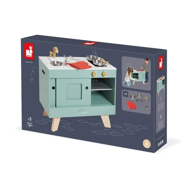 Дитяча кухня Лофт 62x30,4x58,6 см дерев'яна оливково-зелена з аксесуарами