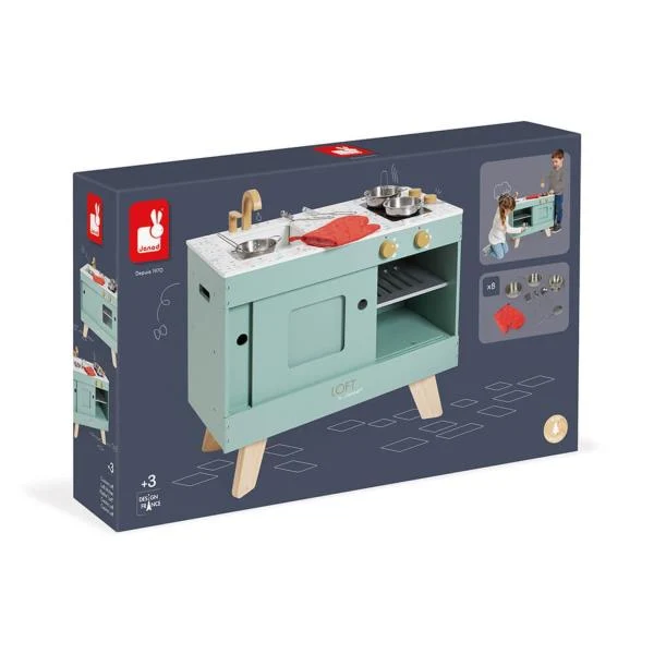 Дитяча кухня Лофт 62x30,4x58,6 см дерев'яна оливково-зелена з аксесуарами