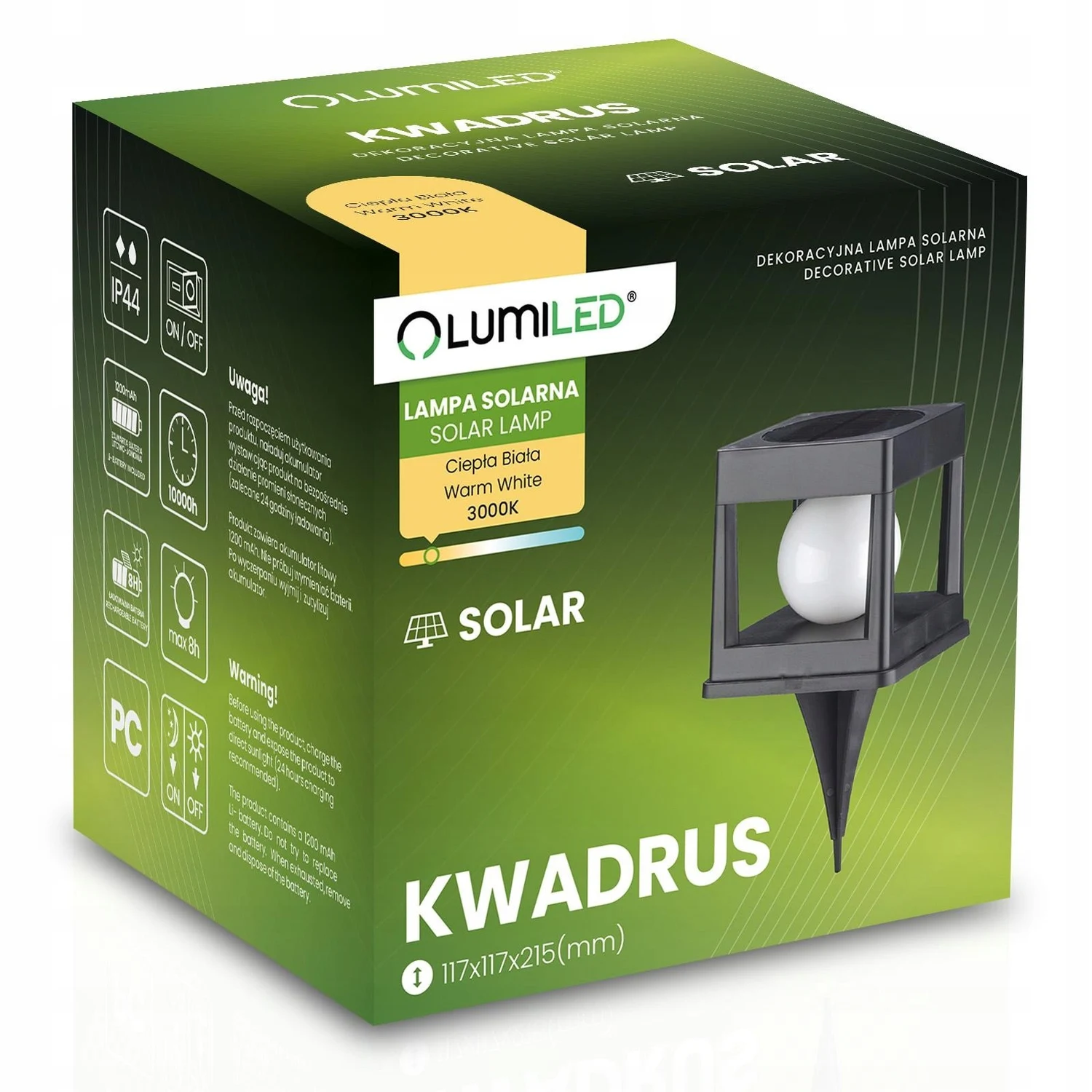 Сонячний садовий LED світильник KWADRUS 3000K для стовпів огорожі 1200 mAh IP44
