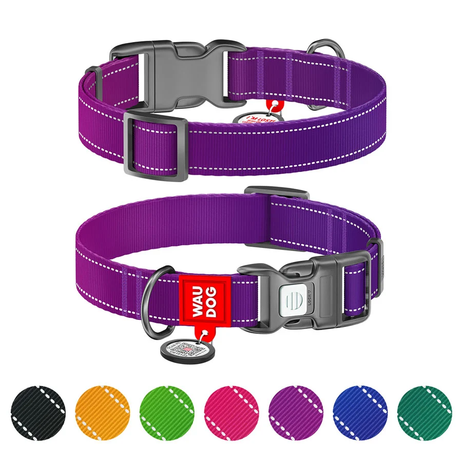 Нашийник WAUDOG Nylon Mono S 15 мм фіолетовий нейлон з QR паспортом світловідбивний