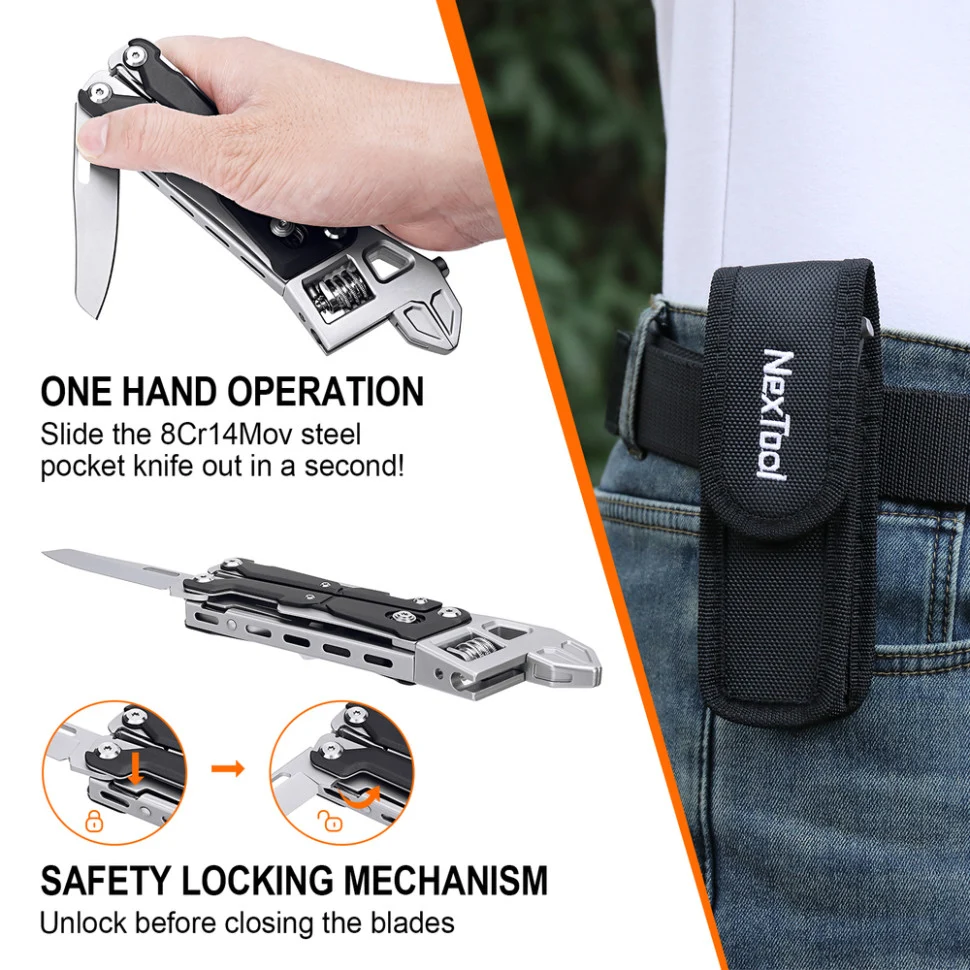 Мультитул NexTool Wrench W4 13 функцій нержавіюча сталь 152,6х49,9 мм сірий