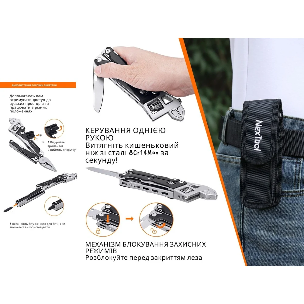 Мультитул NexTool Wrench W4 13 функцій нержавіюча сталь 152,6х49,9 мм сірий