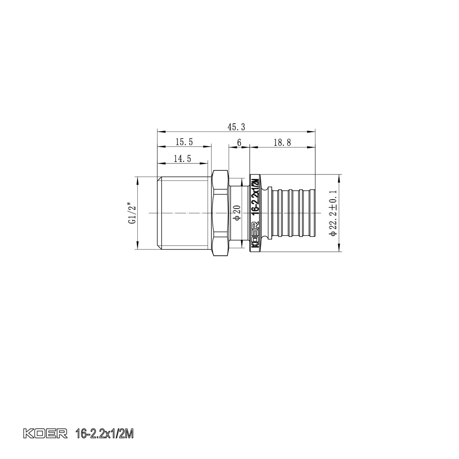 Перехідник Ніпель Koer KA.A06M-16 16(2.2mm) x 1/2" Латунь