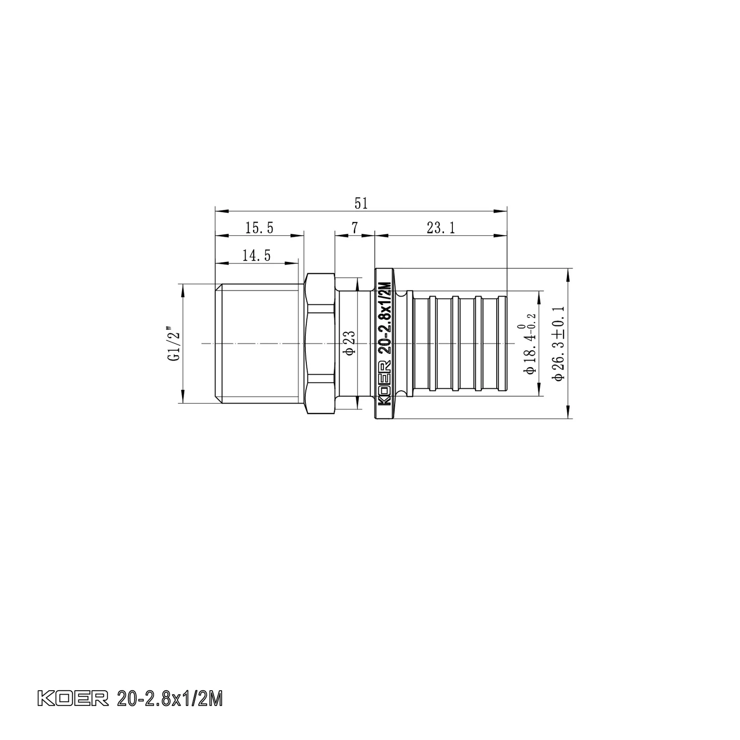 Перехідник Ніпель Koer KA.A06M-20 20(2.8mm) x 1/2" Метал
