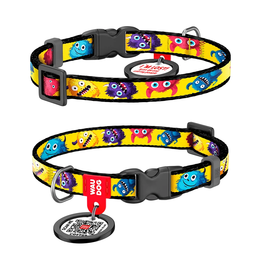 Нашийник WAUDOG Nylon XS 10 мм 20-30 см Мохнаті монстри нейлоновий з QR паспортом