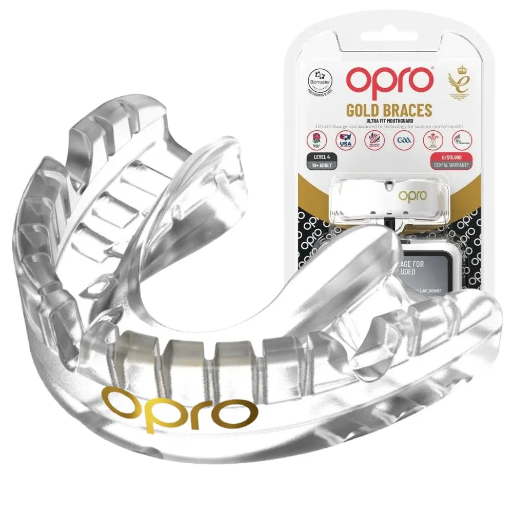 Капа OPRO Gold Braces двошарова медичний полімер прозора для контактних видів спорту 11+