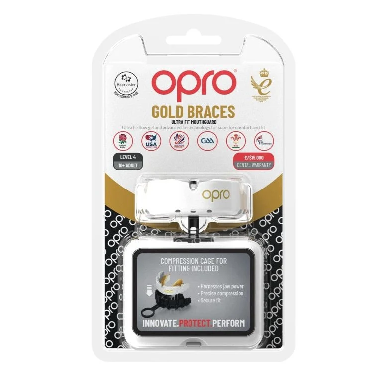 Капа OPRO Gold Braces двошарова медичний полімер прозора для контактних видів спорту 11+