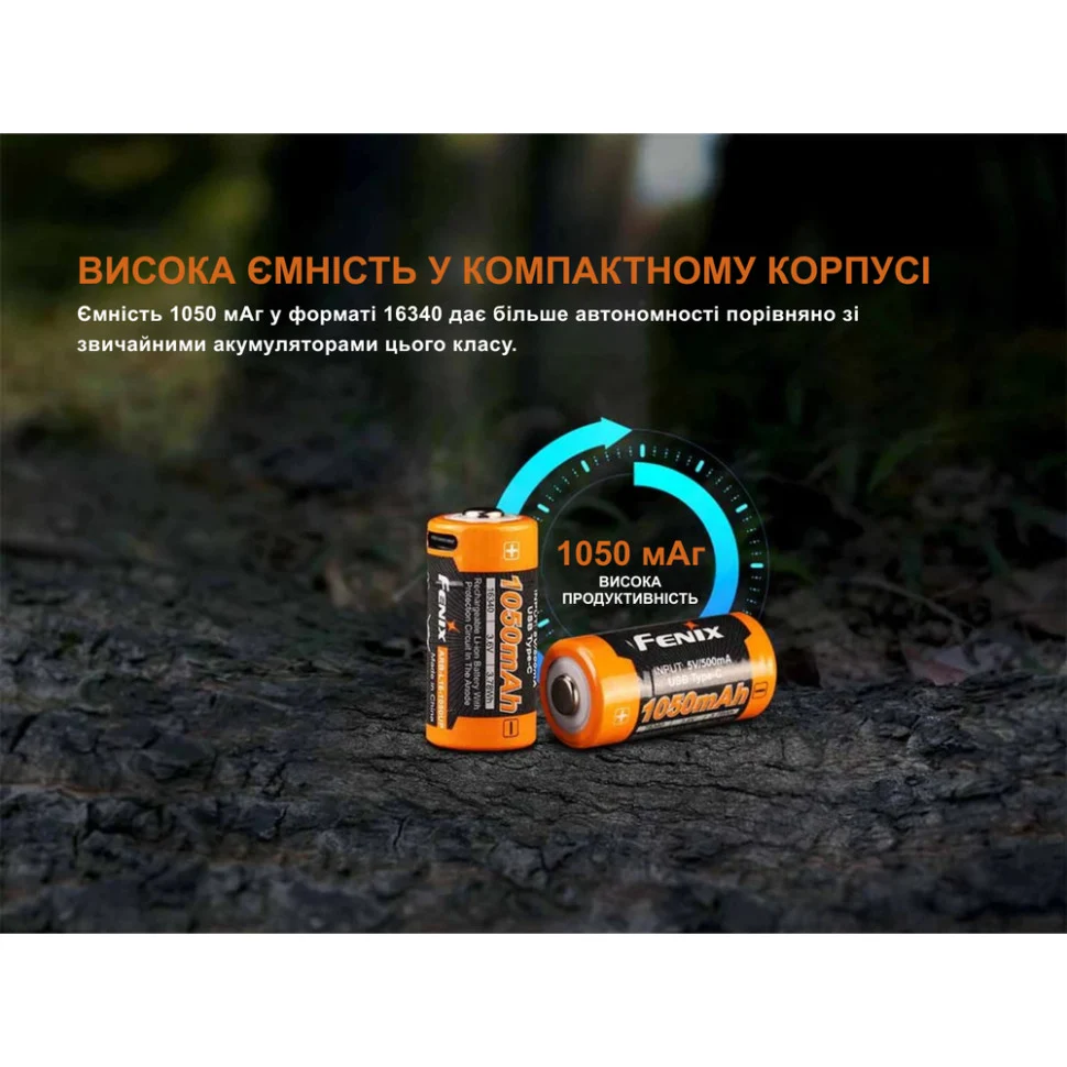 Акумулятор 16340 Fenix 1050 мАг Type-C сталь 34,5х16,75 мм