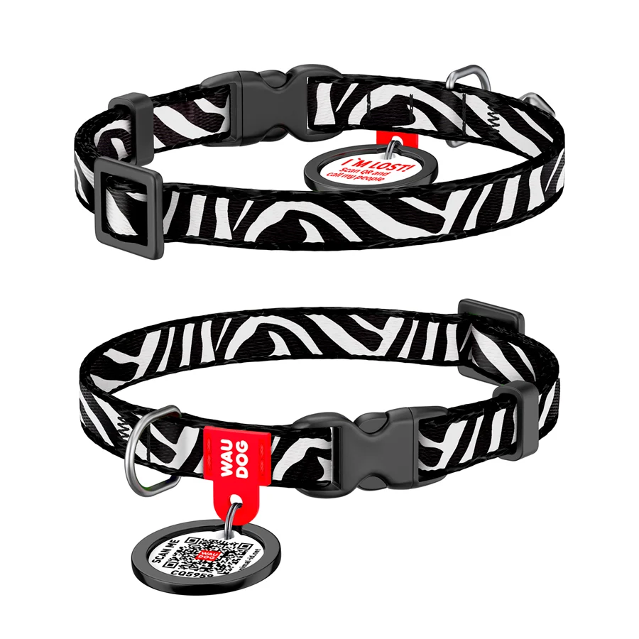 Нашийник WAUDOG Nylon XS 10 мм 20-30 см Зебра нейлоновий з QR адресником