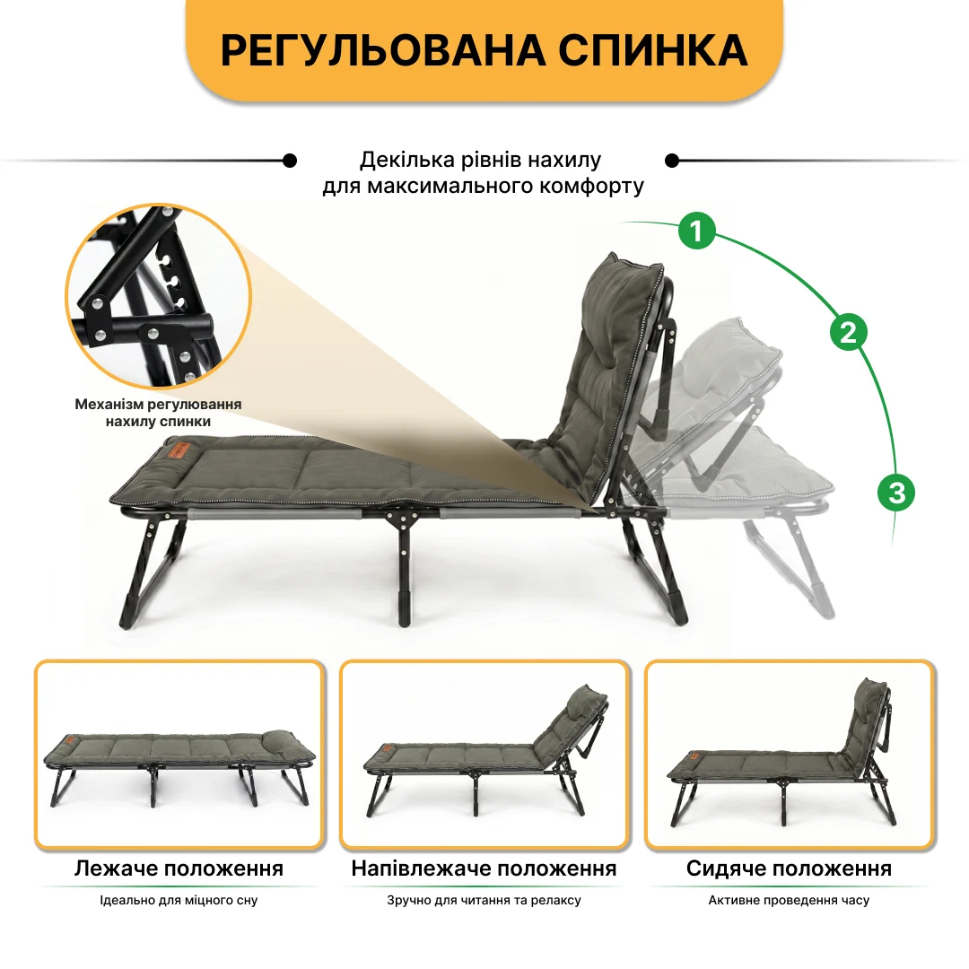 Розкладне ліжко з вбудованим матрацом 193x68x30 см поліестер 600D Хакі