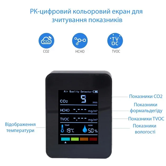 Монітор якості повітря 5в1 GRILLI чорний пластик 9x7x3,5 см