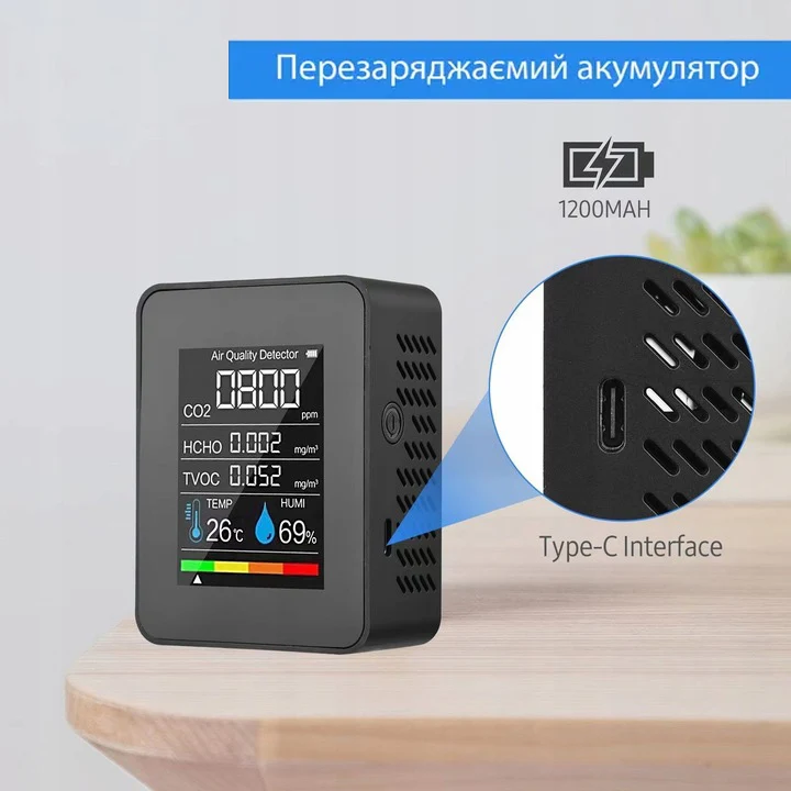 Монітор якості повітря 5в1 GRILLI чорний пластик 9x7x3,5 см