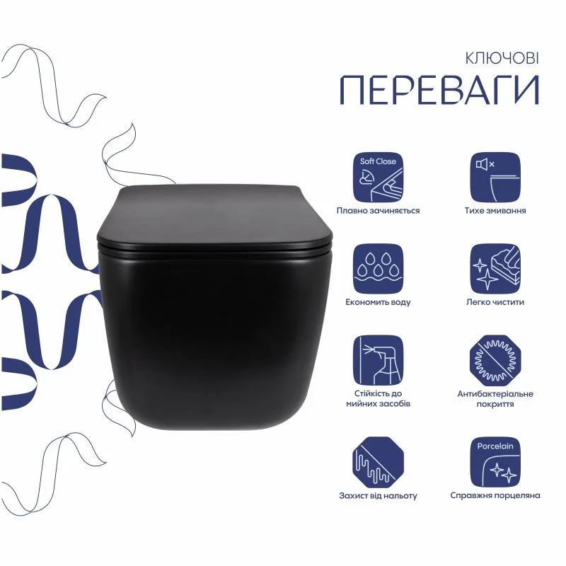 Унітаз підвісний Qtap Gemini Ultra Quiet 485x340x350 мм Дюропласт Матова чорна